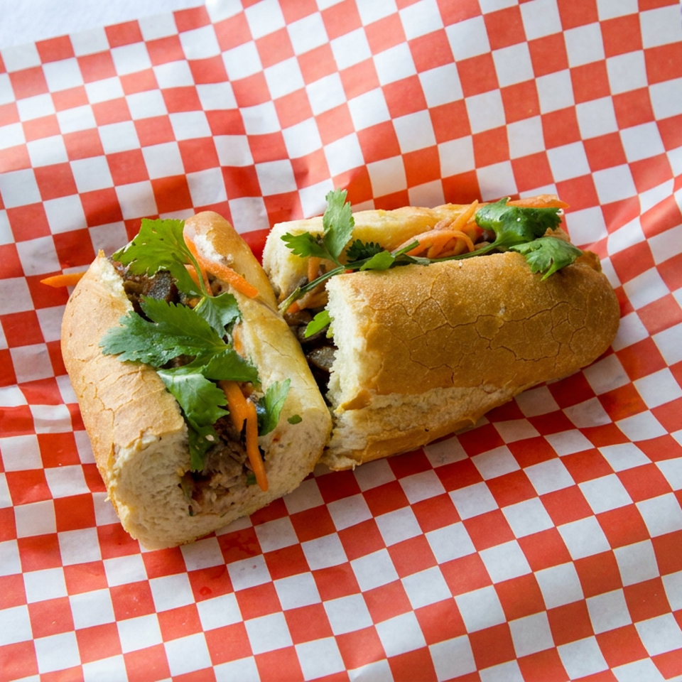 Two Vietnamese bánh mì sandwiches filled with meat, pickled carrots, and cilantro on red-and-white checkered paper.